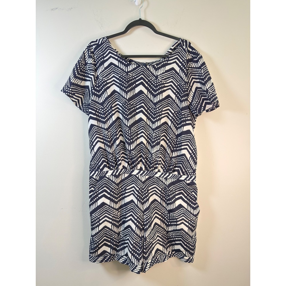 J.Crew Romper Navy White Geometric‎ Short Sleeve V-Back Women Size 14